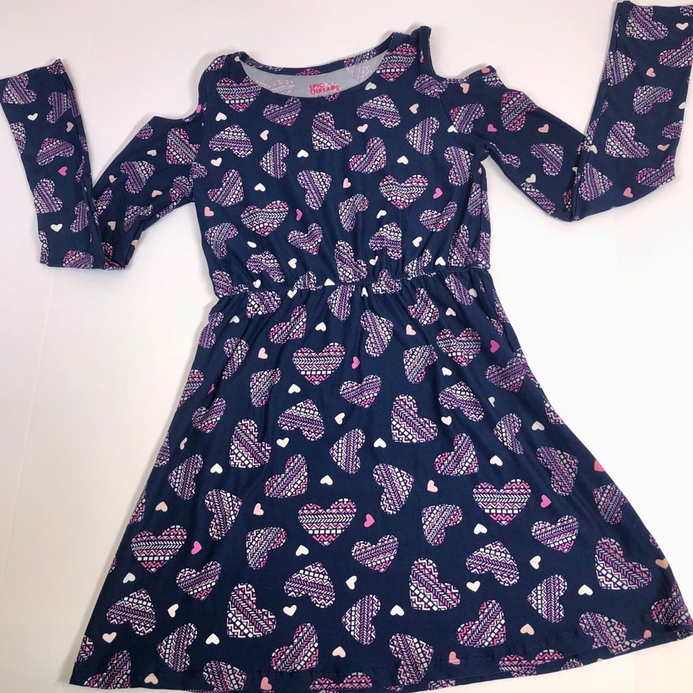 L/S Cold Shoulder Navy Dress with hearts